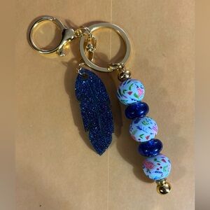 Floral Beaded Keychain with Blue Feather Charm